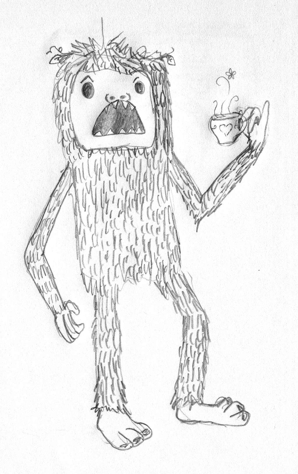 A stately sasquatch, holding a small cup of tea with its pinky finger raised